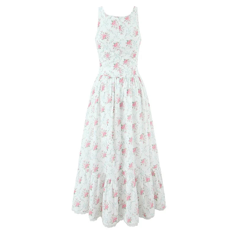 Women Bow O Neck Sleeveless Floral Print Boho Dresses Front Lace Up A-line Midi Summer Dress Chic Lady Holiday Party Robe