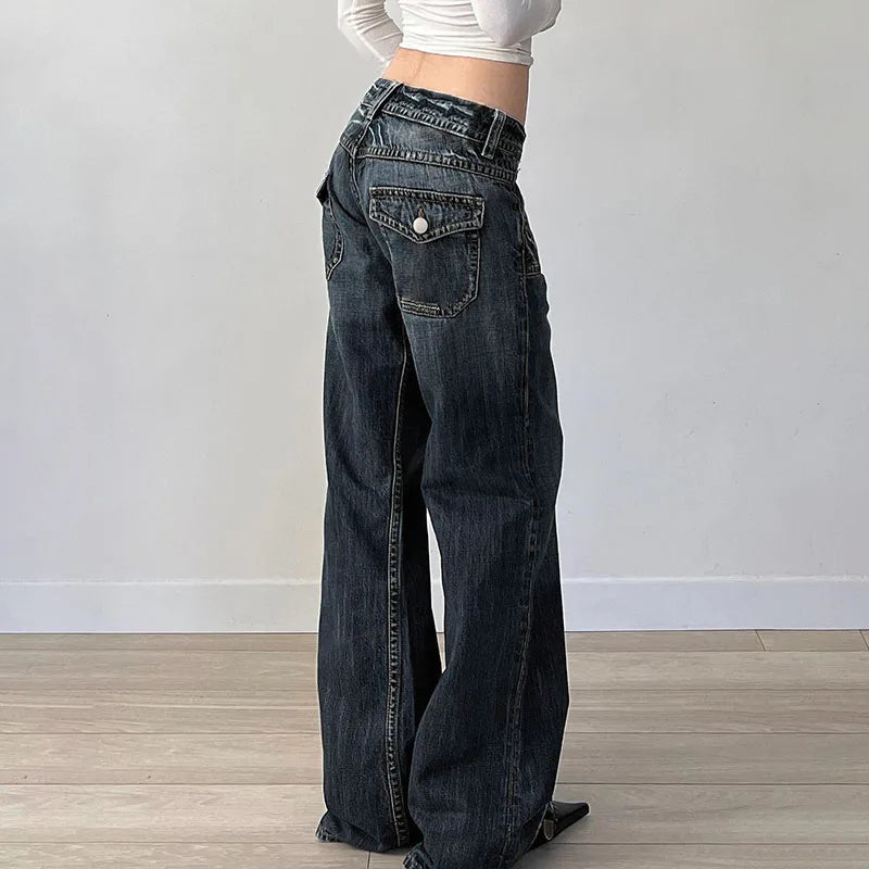 Grunge Aesthetic Flare Jeans Women Retro Stylish Y2K Dark Blue Denim Pants Spring Outfits Casual Slim Trousers Ladies