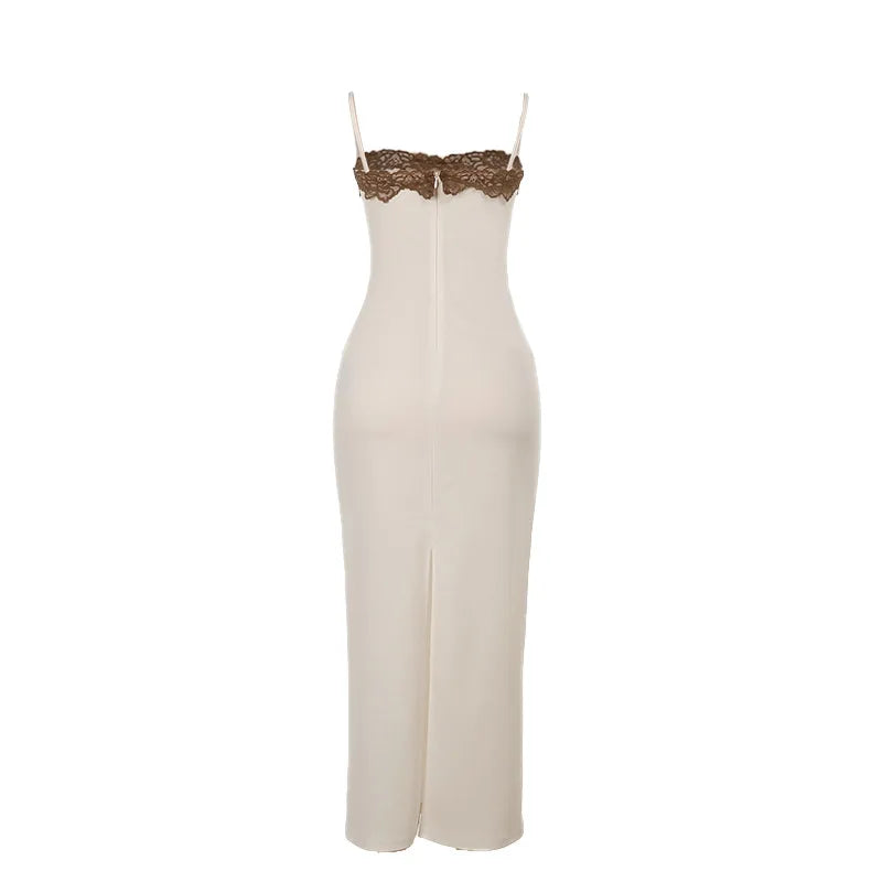 Strapless Corset Lace Trim Ruched Bodycon Maxi Dress