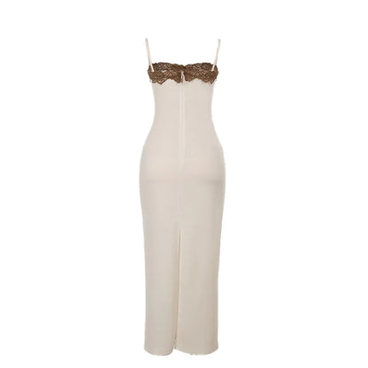 Strapless Corset Lace Trim Ruched Bodycon Maxi Dress