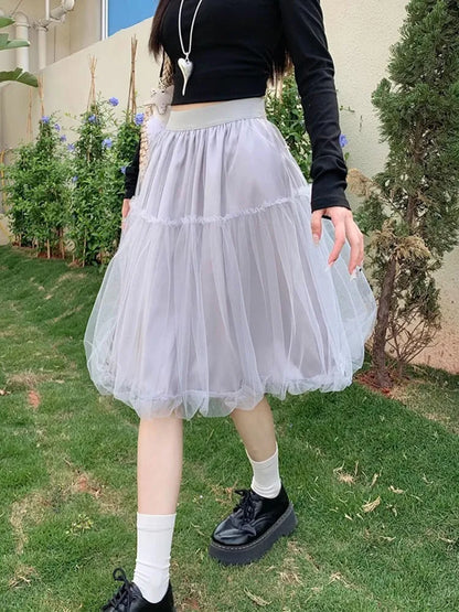 Elegant Solid A-line Splice Mesh Skirts for Women 2025 Fashion Korean Fashion Elastic Waist Black Tulle Saia Feminina