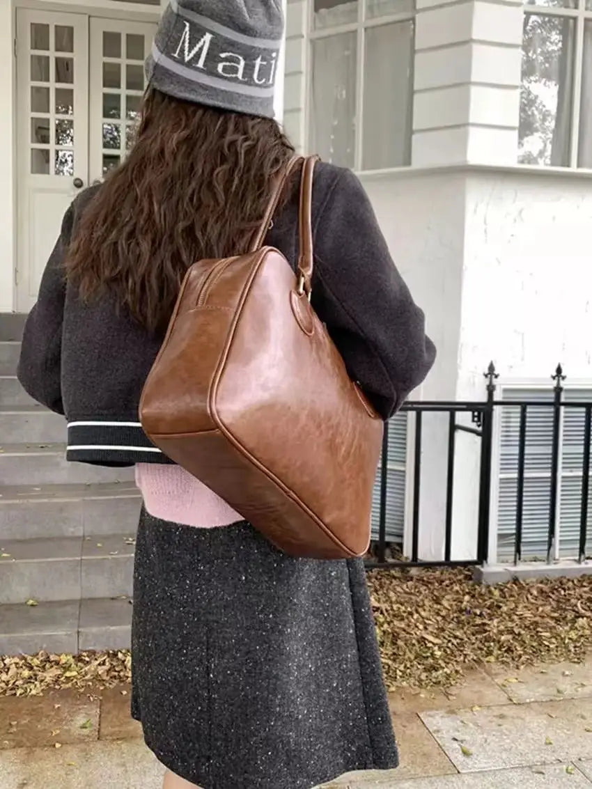 Japanese Retro Brown Tote Bag Women Ladies Waxed Leather Large Capacity Handbag Ladies Preppy Style Commuter Simple Shoulder Bag