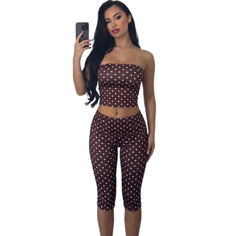Women Simple 2-Piece Set Polka Dot Print Tank Top+Folds Elastic Waist Short Elasticity Chic Classic Summer Sreetwear