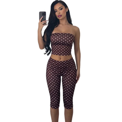 Women Simple 2-Piece Set Polka Dot Print Tank Top+Folds Elastic Waist Short Elasticity Chic Classic Summer Sreetwear
