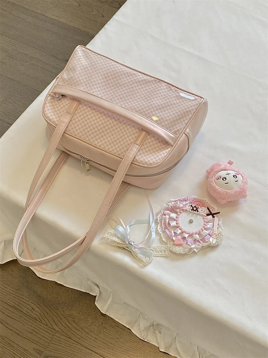 Sweet Girl Japanese Original Pink Plaid Small Capacity Transparent Pain Bag Baby Bag Two-dimensional Student Shoulder Bags