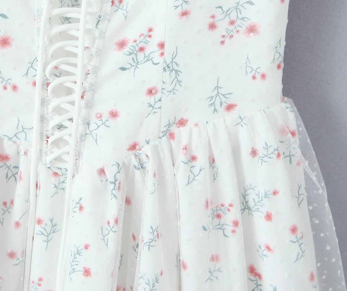 Pastoral Floral Tie-up Polka Dot Mesh Lace Dress 2025 Summer Square Neck Short Sleeve Women Dresses Casual Beach Holiday Dress