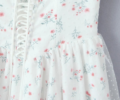 Pastoral Floral Tie-up Polka Dot Mesh Lace Dress 2025 Summer Square Neck Short Sleeve Women Dresses Casual Beach Holiday Dress