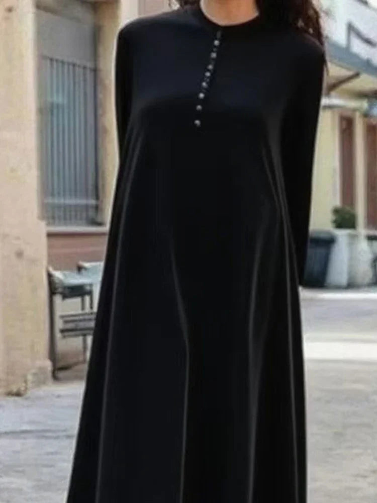 Casual O-neck Long Sleeve Velvet Maxi Dress Temperament Solid Color Loose Party Robes Lady Simple Pleated Commute A-line Dresses