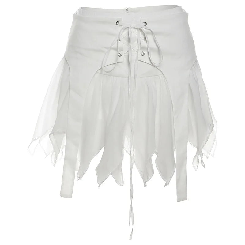 Sexy See-Through Hollow Cardigan Top High Waisted Lace Up Skirt Suit Women's Y2K Hot Girl Outfits Club Party Fashion Suit