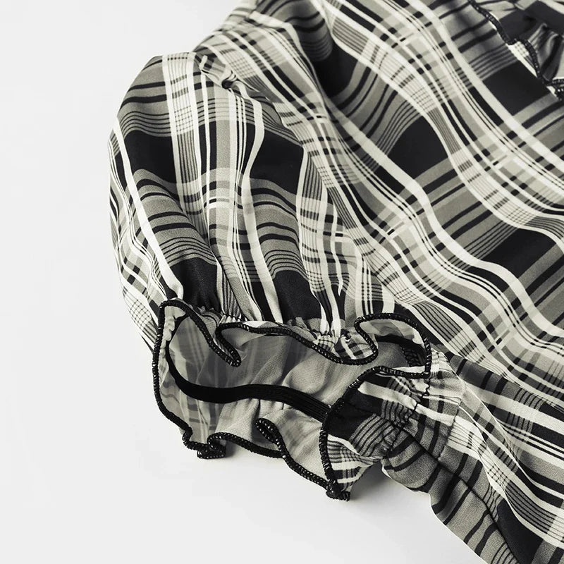 French Chic Ruffles Elegant Women T-Shirts Simple Fashion Slim Fit All-Match Plaid V-Neck Blouses