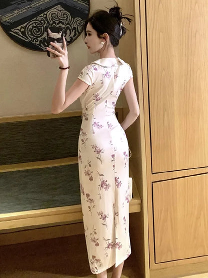 Woman Dress Sexy Peter Pan Collar Floral Printed Slim Vintage Elegant Summer Fashion Temperament Party Dresses Female