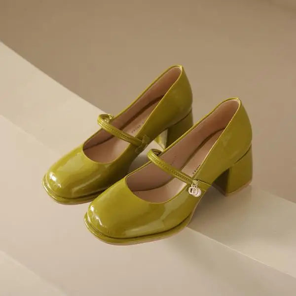 High Heel Leather Shoes Mary Jane Branded Pumps Chunky Sandals Shallow Mouth Clogs for Women Slip On Round Toe Latest Lolit