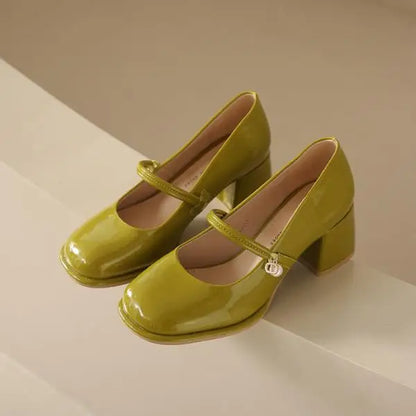 High Heel Leather Shoes Mary Jane Branded Pumps Chunky Sandals Shallow Mouth Clogs for Women Slip On Round Toe Latest Lolit