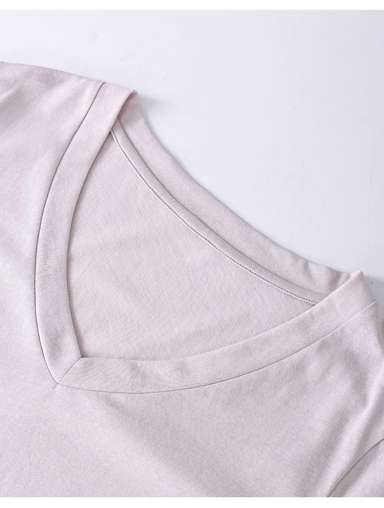 New Fashion Knitted Linen Texture Bamboo Joint Cotton Short-sleeved Loose for Women Deep V-neck Design T-shirt Top 2026 Summer