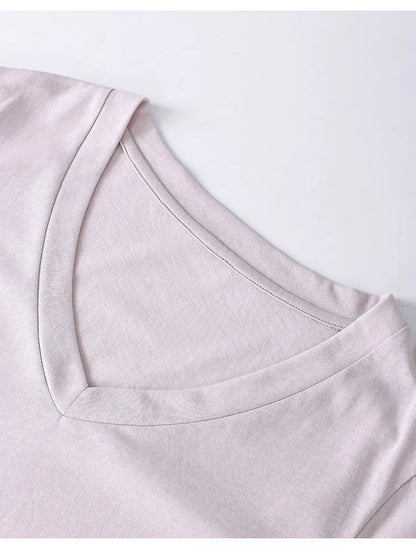 New Fashion Knitted Linen Texture Bamboo Joint Cotton Short-sleeved Loose for Women Deep V-neck Design T-shirt Top 2026 Summer