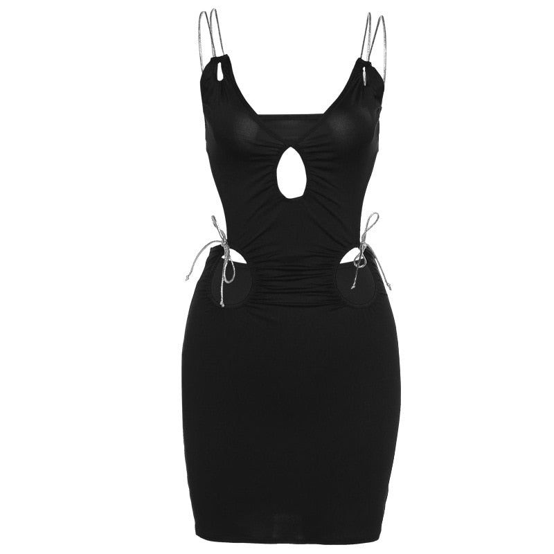 Square Neck Rhinestone Strap Cutout Bodycon Mini Dress