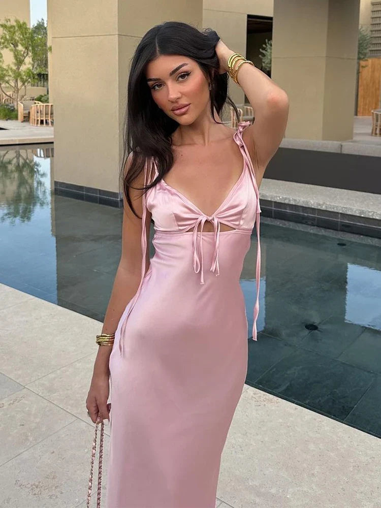 Sexy Pink Hollow Out Women Sling Maxi Dress Fashion V-neck Sleeveless Backless Slim Satin Dresses Summer Lady Party Club Robes
