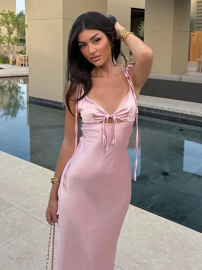 Sexy Pink Hollow Out Women Sling Maxi Dress Fashion V-neck Sleeveless Backless Slim Satin Dresses Summer Lady Party Club Robes