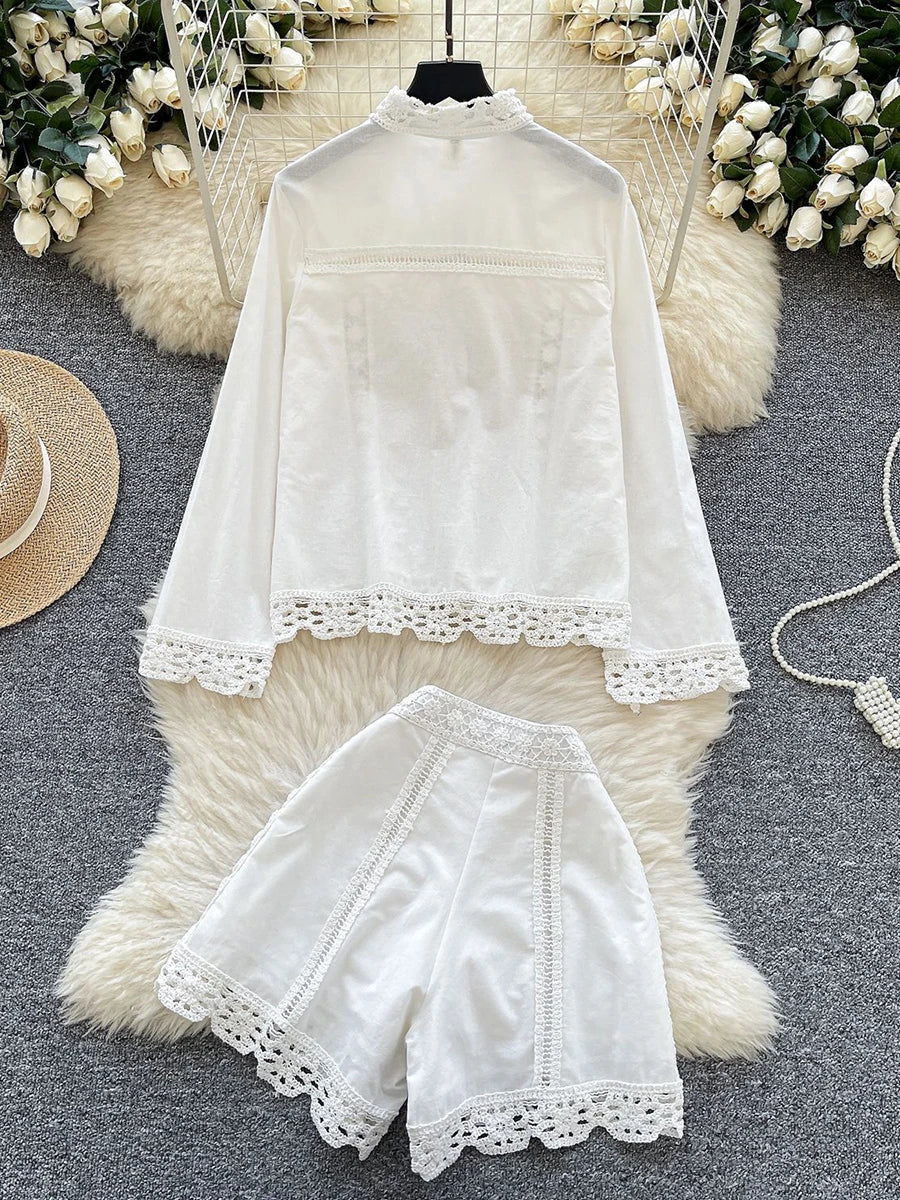 Crochet Patchwork Shorts Sets Women Single Breasted Lapel Collar Long Sleeve Blouse Summer Casual Fashion White Two-piece Set