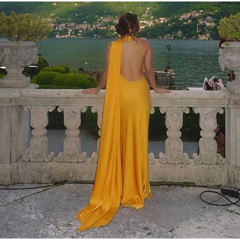 Halter Deep Scoop Back Cape Train Satin Maxi Gown