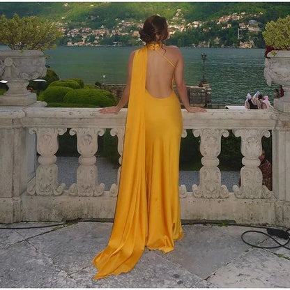 Halter Deep Scoop Back Cape Train Satin Maxi Gown