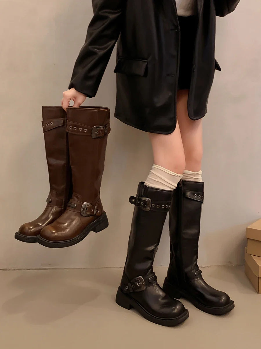 Round Toe Rock Shoes Woman Winter Boots Lady Zipper Sexy Thigh High Heels High Sexy Boots-Women Leather Rubber Autumn Med O