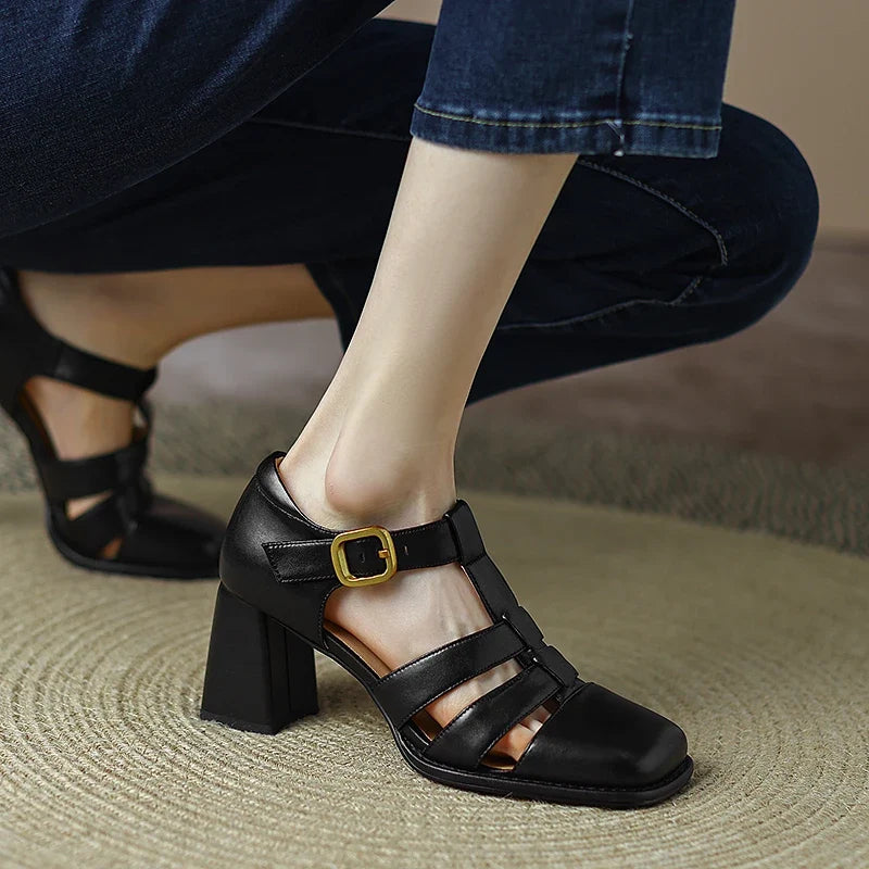 Summer Shoes Women Square Toe Cover Heel Gladiator Modern Sandals Pu Leather Chunky Heel High Heels Roman Women Sandals