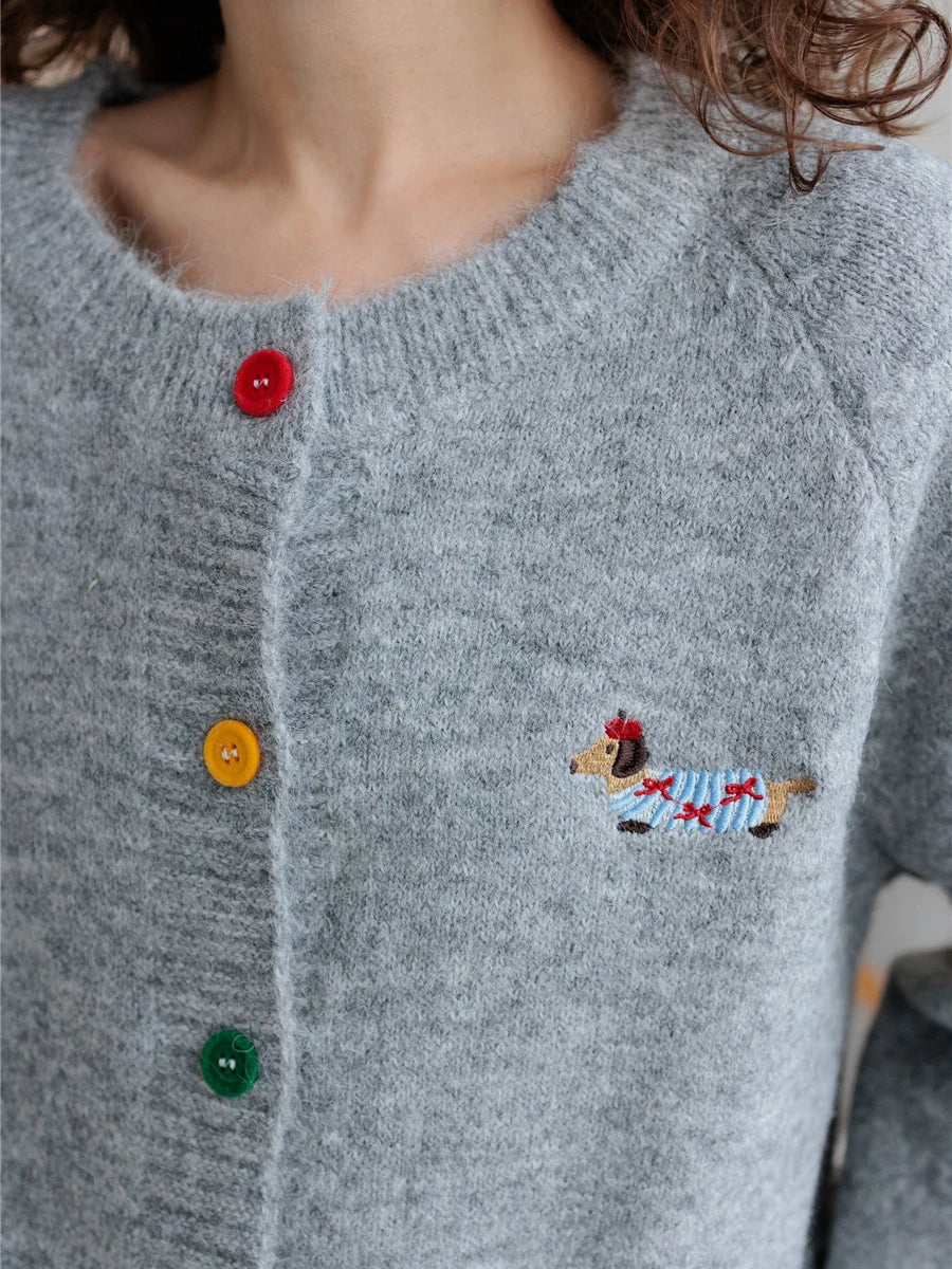 Little Dog Embroidery Cardigan Autumn O Neck Single Breasted Knitted Outerwear Women Simple Fashion Casual Long Sleeve Jumper