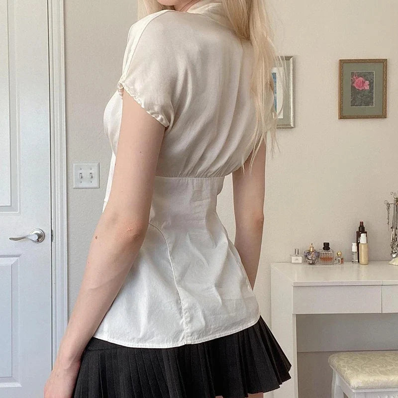 French Retro Satin A-line Shirt Chic Fashion Slimming Short Sleeve V-neck Blouses Office Ladies Elegant Top All-match