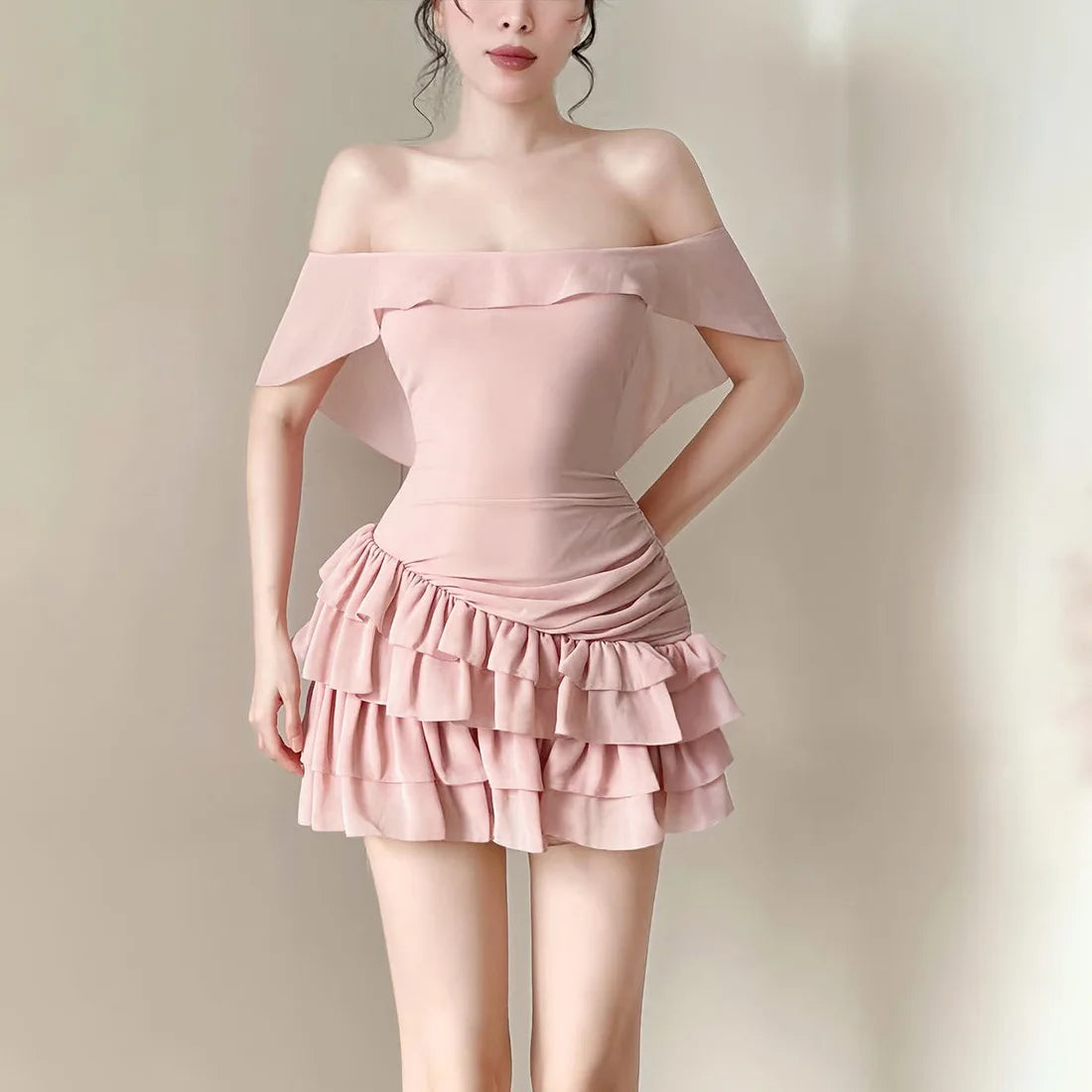 Summer New Women's Clothing One-word Collar Off-the-shoulder Ruffle Leaf Edge Hip-wrapped Cake Dress