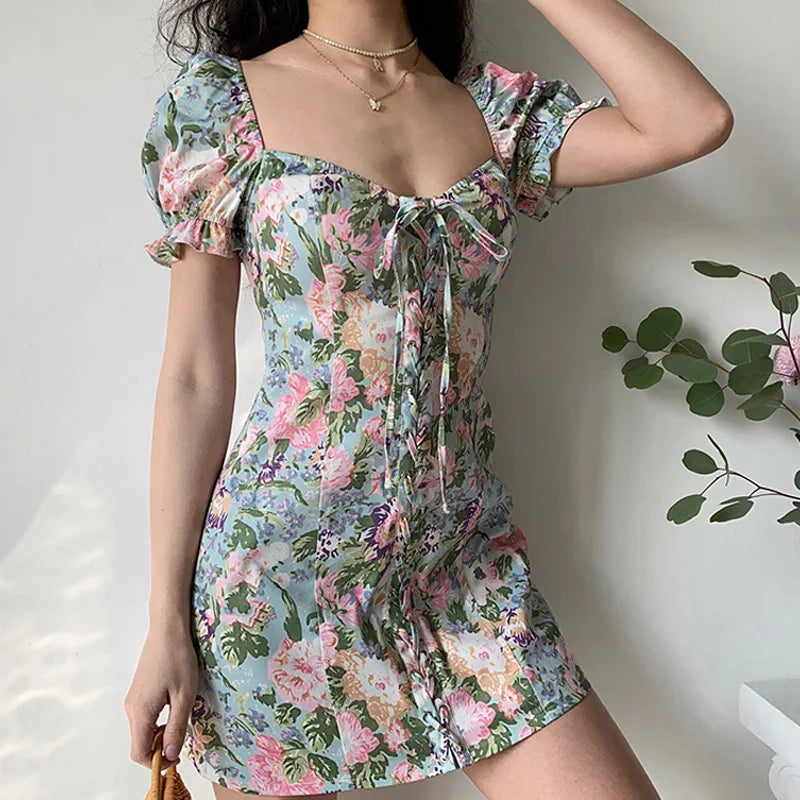 Woman's Hotsweet Dresses Lolita Style A-LINE slash neck Petal Sleeve Miniskirt Printing Slim female clothing