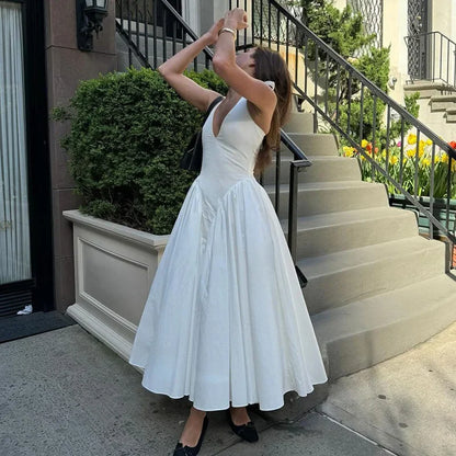 Sexy Deep V Hollow Halterneck Large Hem Dress For Women Solid High Waisted Backless Splice Summer New Vacation Long Dress