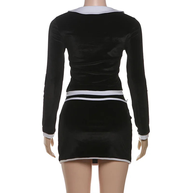 Bow Color Patchwork Velvet 2 Piece Set Women Elegant Sexy Peter Pan Collar Long Sleeve Tops + Bodycon Mini Skirts Casual Suits