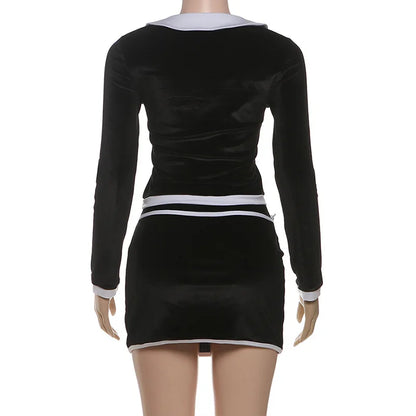 Bow Color Patchwork Velvet 2 Piece Set Women Elegant Sexy Peter Pan Collar Long Sleeve Tops + Bodycon Mini Skirts Casual Suits