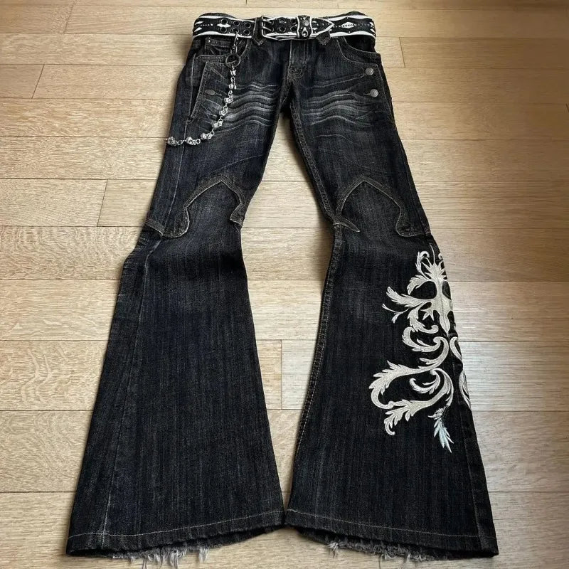 Y2K Street Hip Hop Embroidered Wash Jeans Woman Retro Loose Harajuku Fashion Street Trend High Waist Straight Leg Wide Leg Jeans