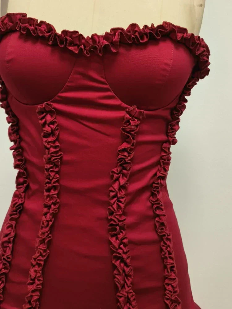 Ruched Sweetheart Strapless Tiered Ruffle Hem Mini Dress