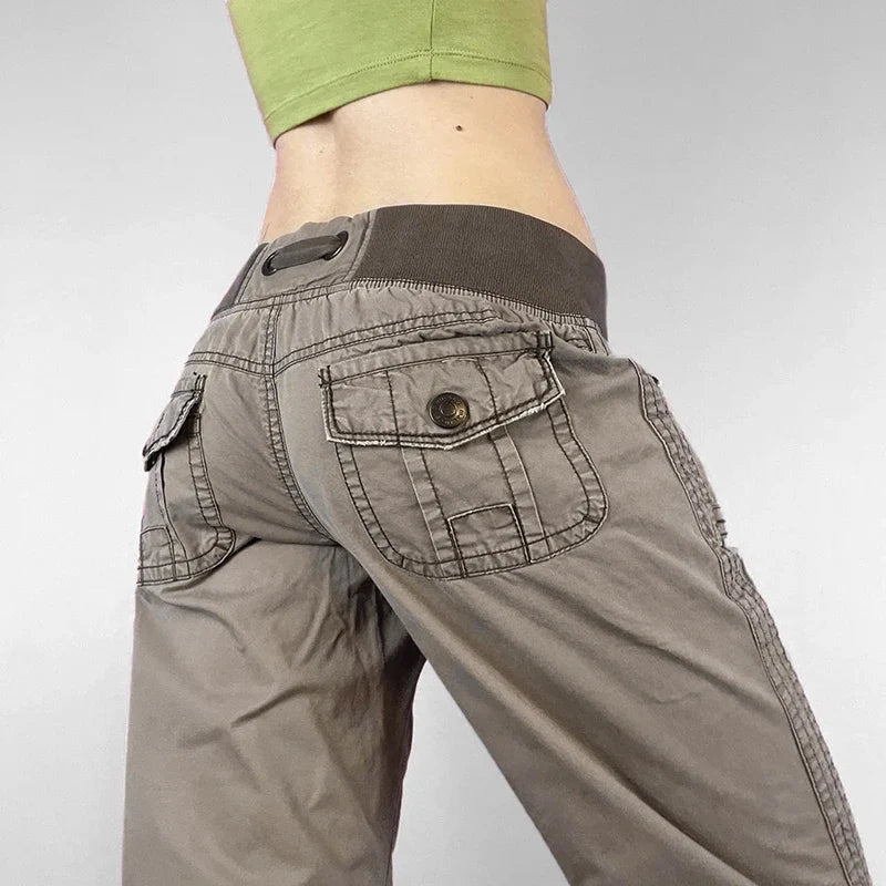Vintage Low Drawstring Waist Jeans Women Contrast Patchwork Multi Pocket Denim Trousers Boot Cut Pants Y2K Aesthetic