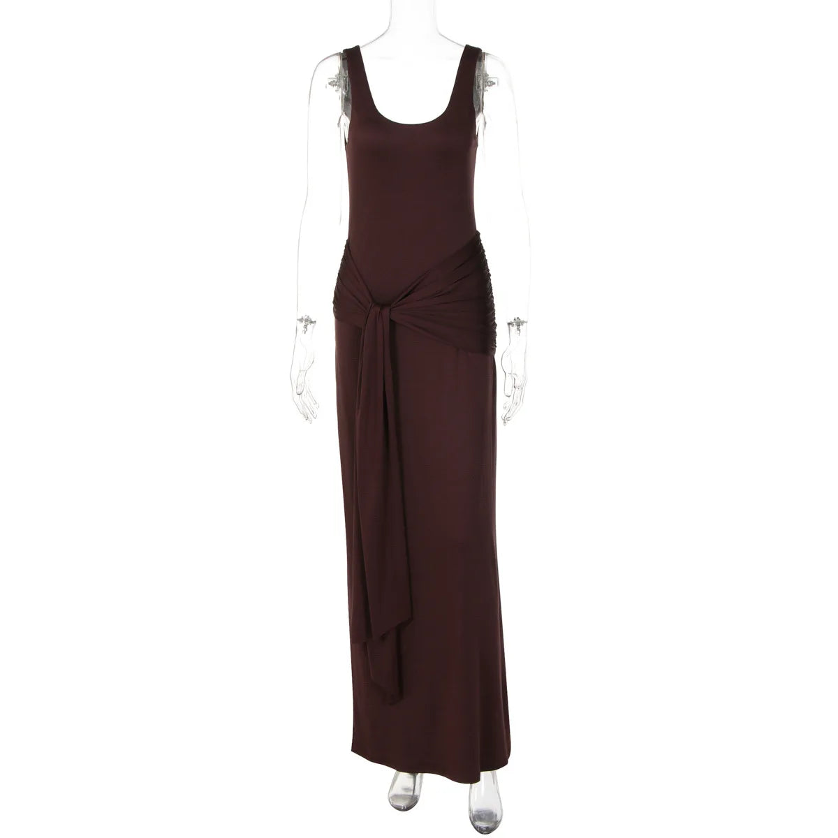 Elegant U-Neck Sleeveless Bodycon Long Dress Women's Solid Color Ribbon Tie-up Ruched Slim Maxi Dress for Date Night Party