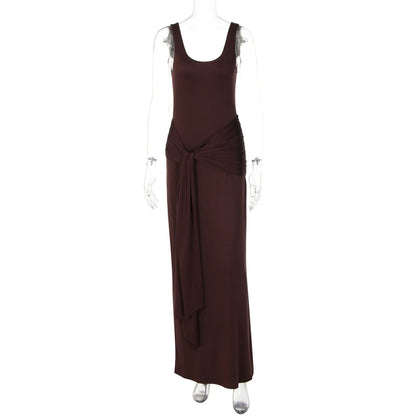Elegant U-Neck Sleeveless Bodycon Long Dress Women's Solid Color Ribbon Tie-up Ruched Slim Maxi Dress for Date Night Party