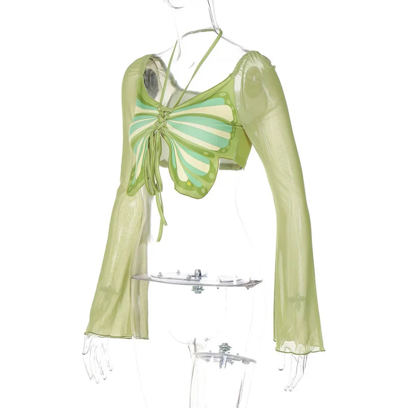 Long Sleeve Patchwork Mesh Halter T Shirts Butterfly Drawstring Summer T Shirts Lady Sexy Streetwear Cropped Tops Women Clothing
