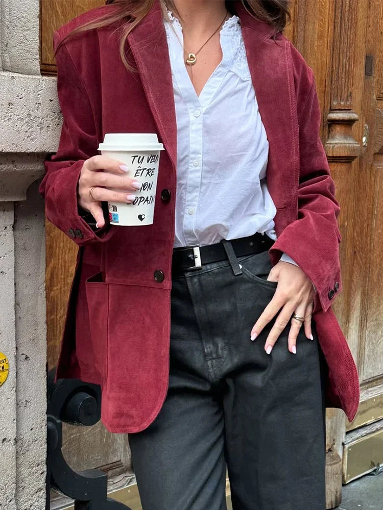 Wine Red Lapel Blazer Women Single Breasted Patchwork Long Sleeve Jackets New Elegant Chic Street Casual Commute Jacket 2025