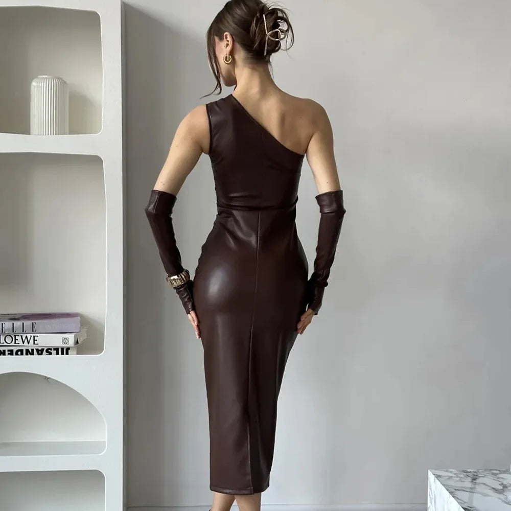 Faux Leather One Shoulder Ruched Bodycon Midi Dress