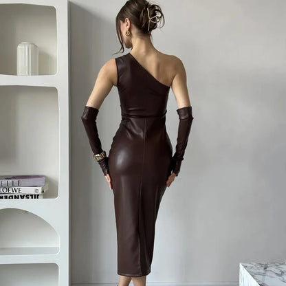 Faux Leather One Shoulder Ruched Bodycon Midi Dress