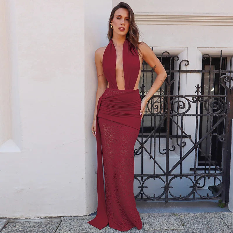Halter Plunge V-Neck Ruched Sash Lace Skirt Maxi Gown