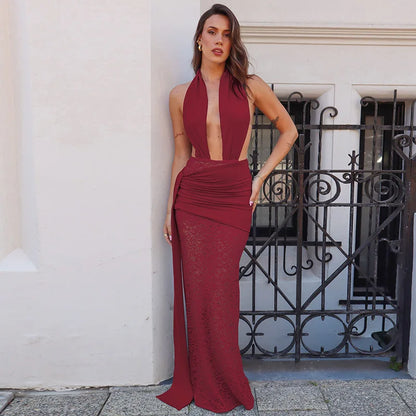 Halter Plunge V-Neck Ruched Sash Lace Skirt Maxi Gown