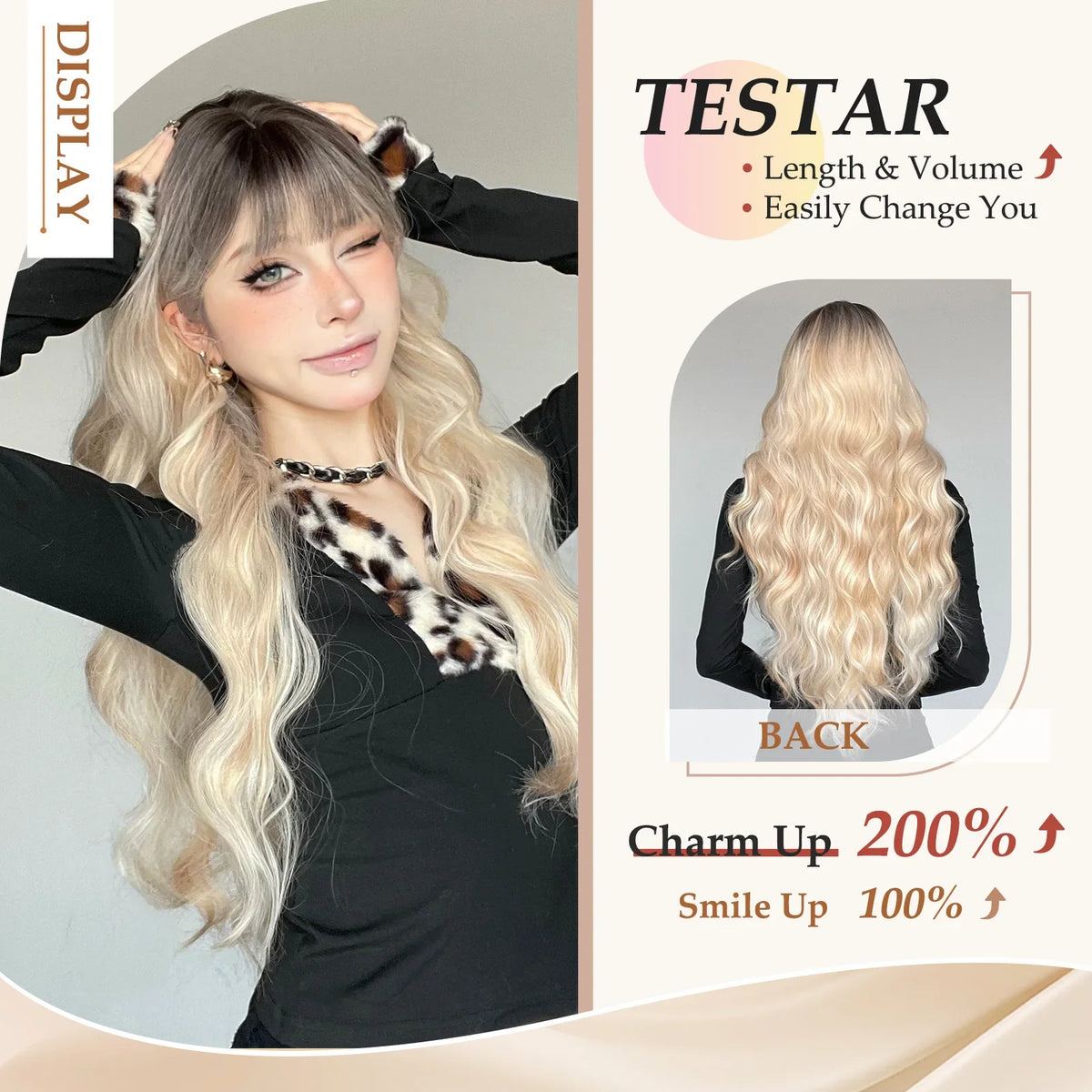 Ombre Blonde Wig with Bangs Long Wavy Wig for Women Highlight Platinum Curly Synthetic Wig Cosplay Party Daily Heat Resistant