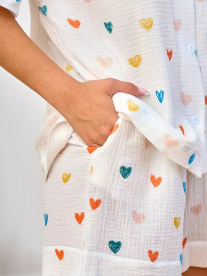 Heart Print Lapel Short Sleeve Top + Shorts Pajamas Loose 100% Cotton Comfortable Women Sets Casual Homewear Sleepwear Outfits