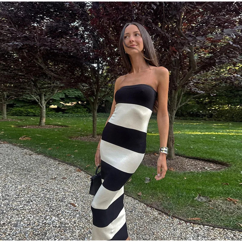 Elegant Striped Knit Cardigan Dress Women Outfit Long Sleeve Button Jacket Tube Sleeveless Dresses Spring Autumn Lady Set