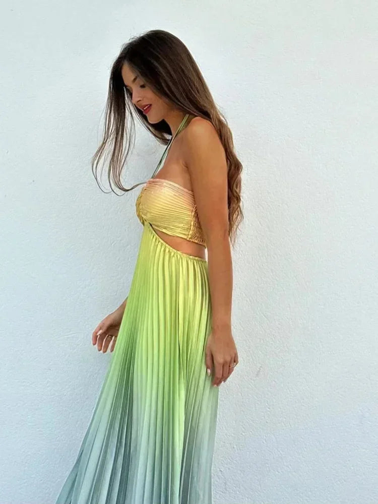 Gradient Pleated Spaghetti Strap Satin Maxi Dress