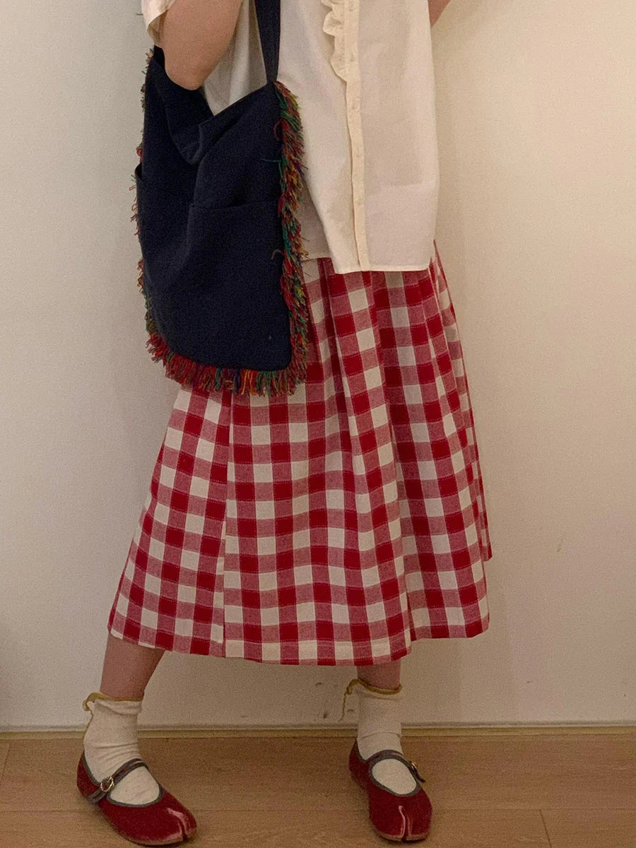 Women Tartan Oversize Casual Wide Pants Pockets Elastic Waist Plaid Cotton Linen Straight Baggy Jorts Summer Korean Clothes